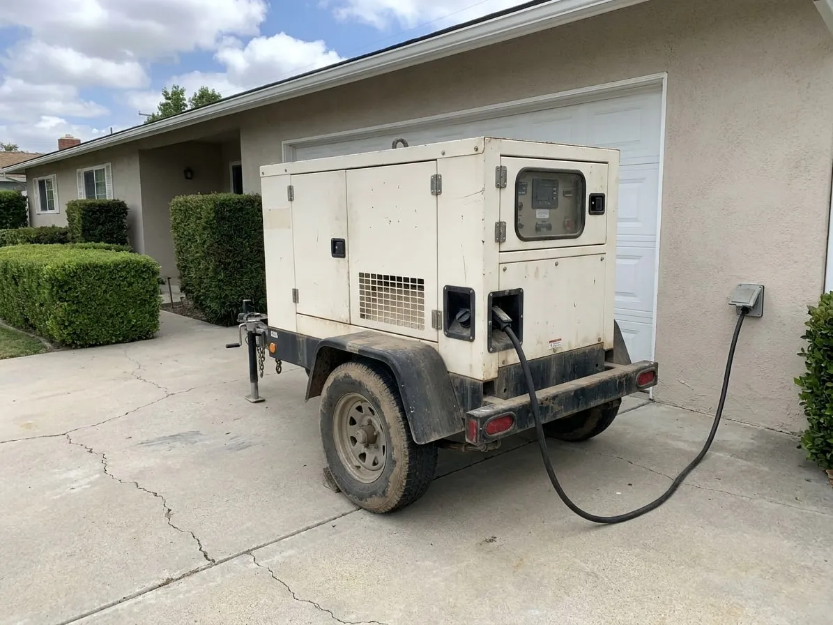 Compact towable generator parked in a house driveway with a power cord running to an inlet box on the wall