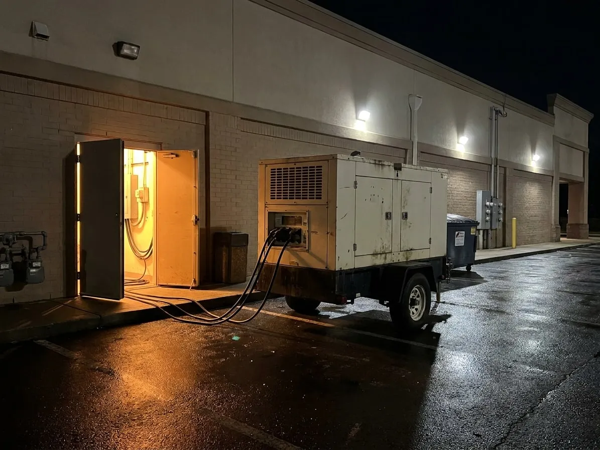 Towable generator behind a store at night, cables running into the electrical room
