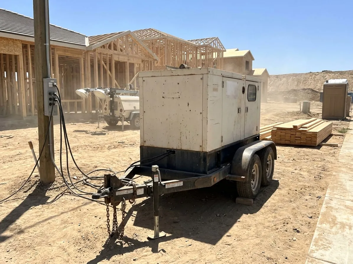 Towable generator on a trailer at a residential construction site powering a temporary power pole
