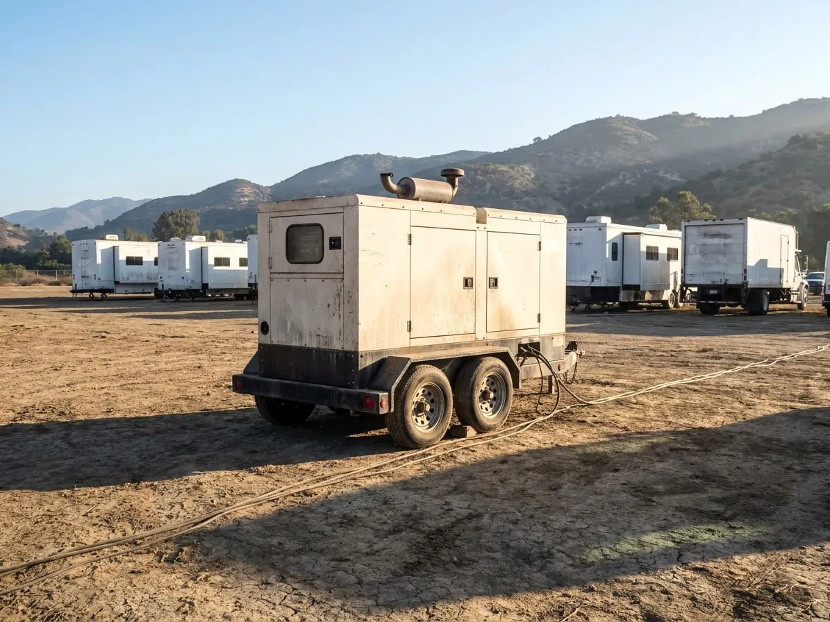 Film production basecamp with trailers and a catering truck, a towable generator at the end of the row